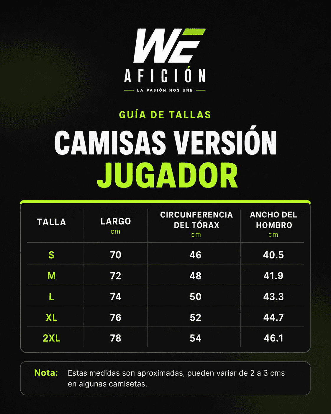 Guía de tallas Versión Jugador